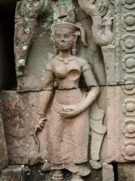 Banteay Prei Devata-Apsara mit Kopfschmuck an einer Tempelwand im Banteay Prei Tempel / Devata-Apsara with headdress on a temple wall in Banteay Prei Temple